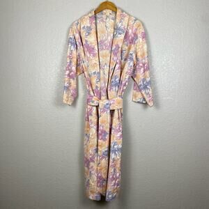 Vintage 80s Handmade Womens L/XL Cotton Pastel Floral Robe Housecoat Cottage